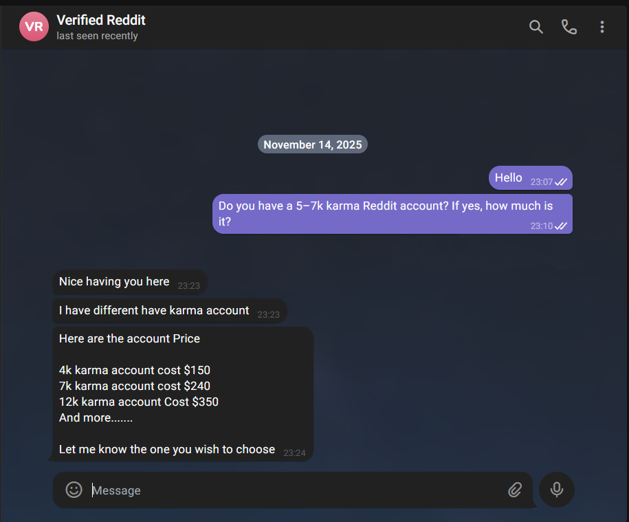 Real chat screenshot: IPTV provider buying aged Reddit account
